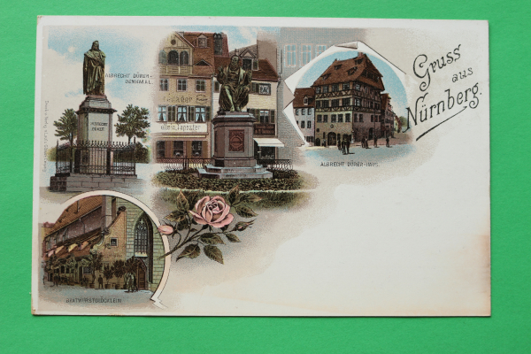 AK Gruss aus Nürnberg / um 1900 / Litho / Albrecht Dürer Haus / Denkmal / Bratwurstglöcklein Gasthaus